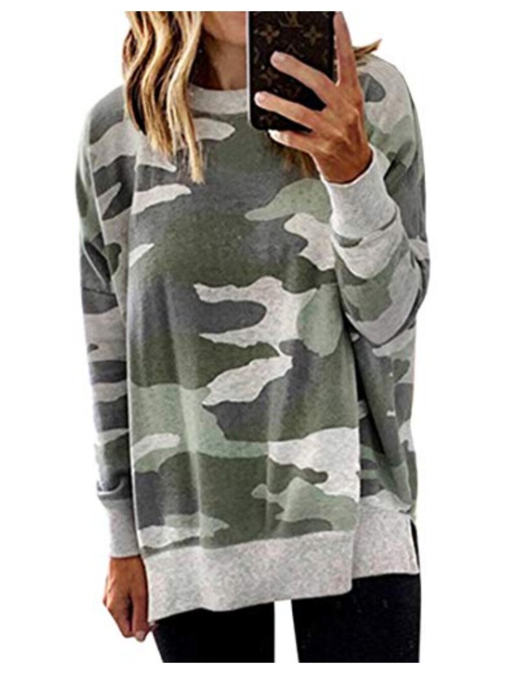 Women's Crew Neck Sweatshirt Side Slit Pullover Long Sleeve Loose Fit Camo Top